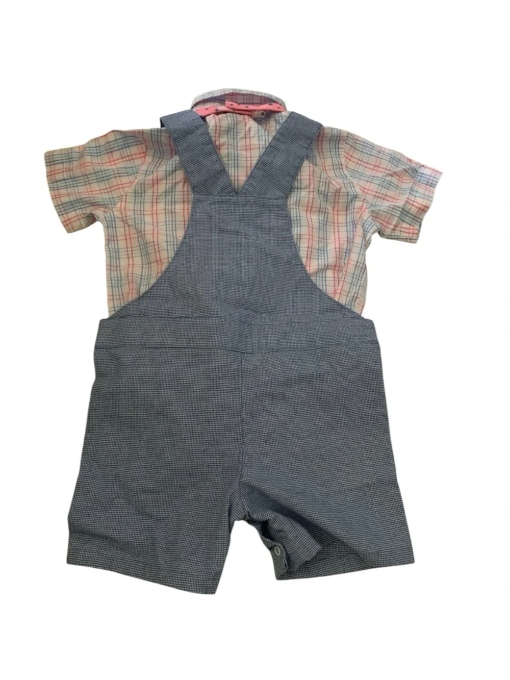 Nautica Kids Coral Bow Tie with Navy Accent and Blue Check Overalls Set